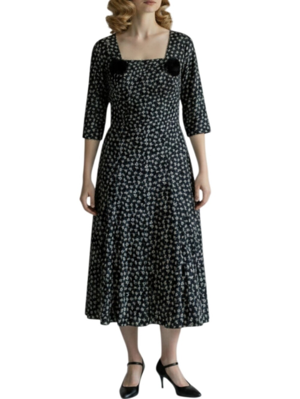 Vintage 1950s Black Floral Midi Swing Dress M B. Siegel Co Detroit Whimsigoth